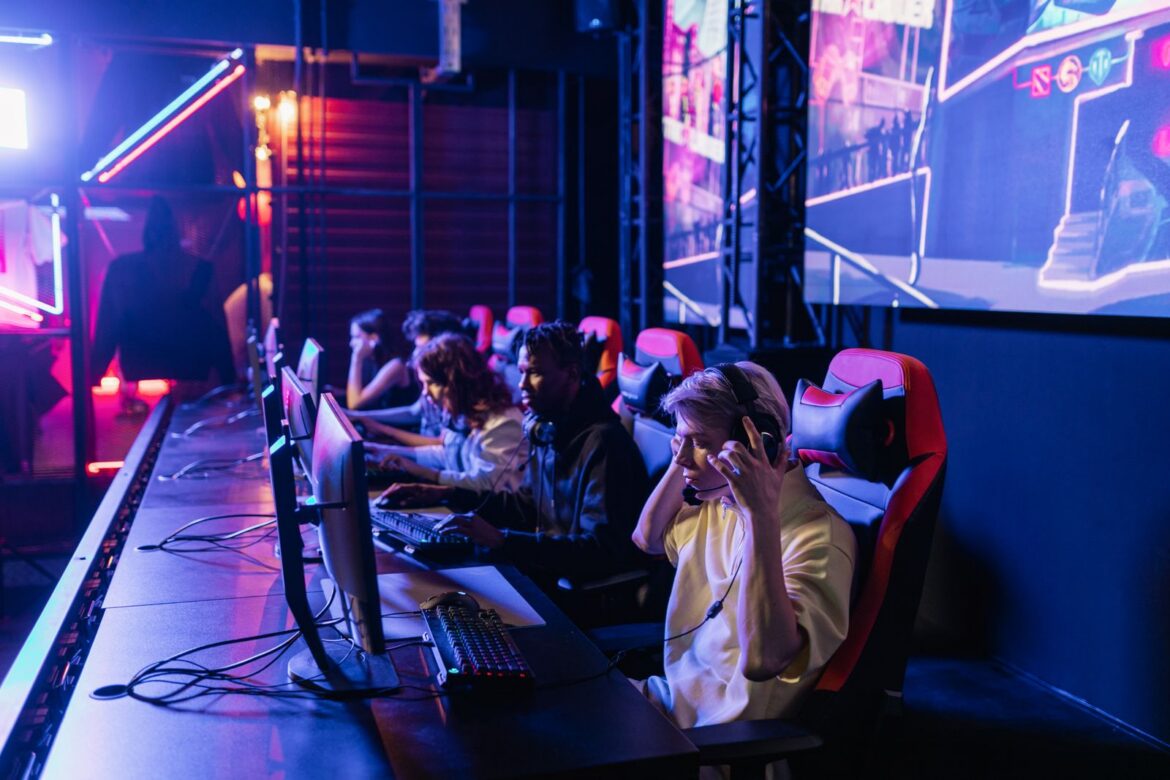 Esports players competing intensely in arena