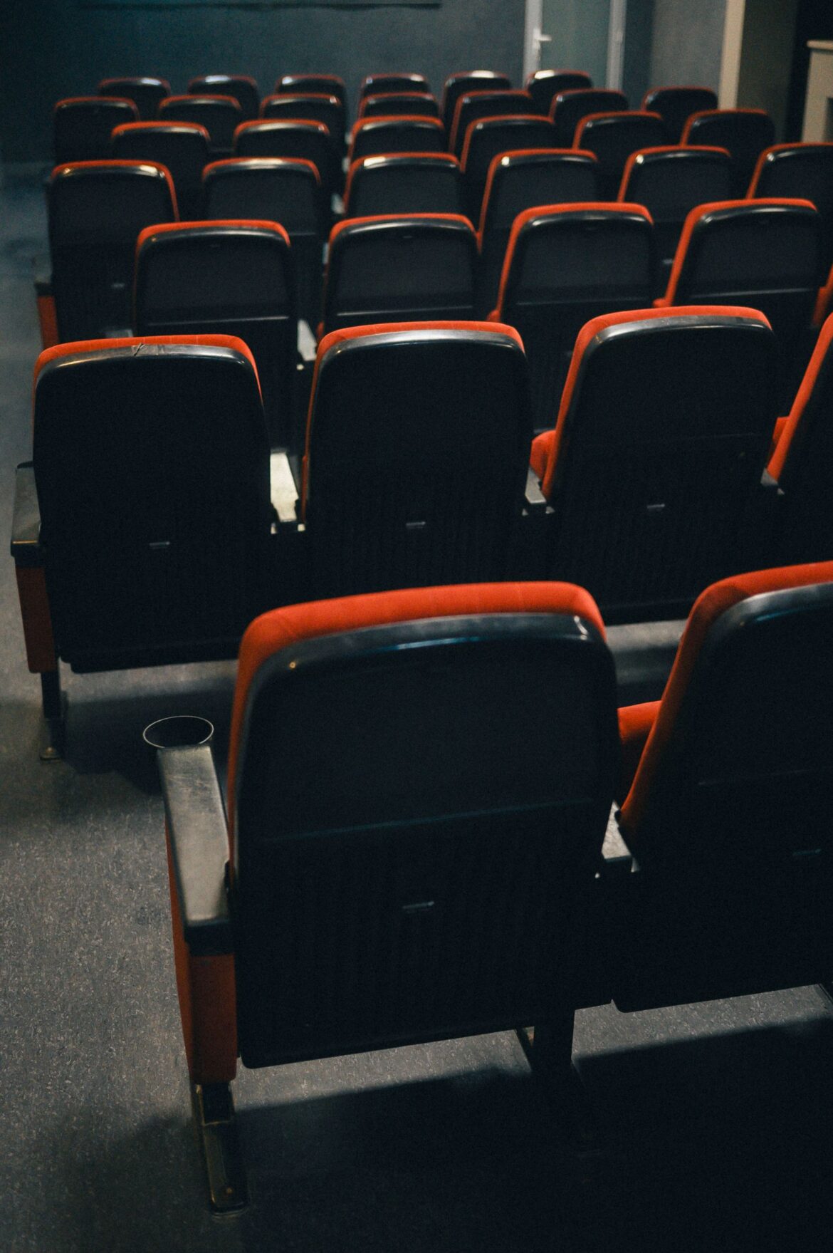 Rows of red cinema theater seats