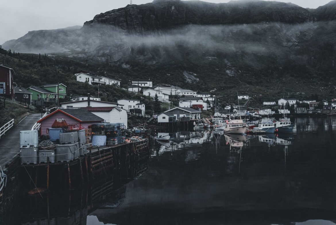 Foggy coastal fishing village