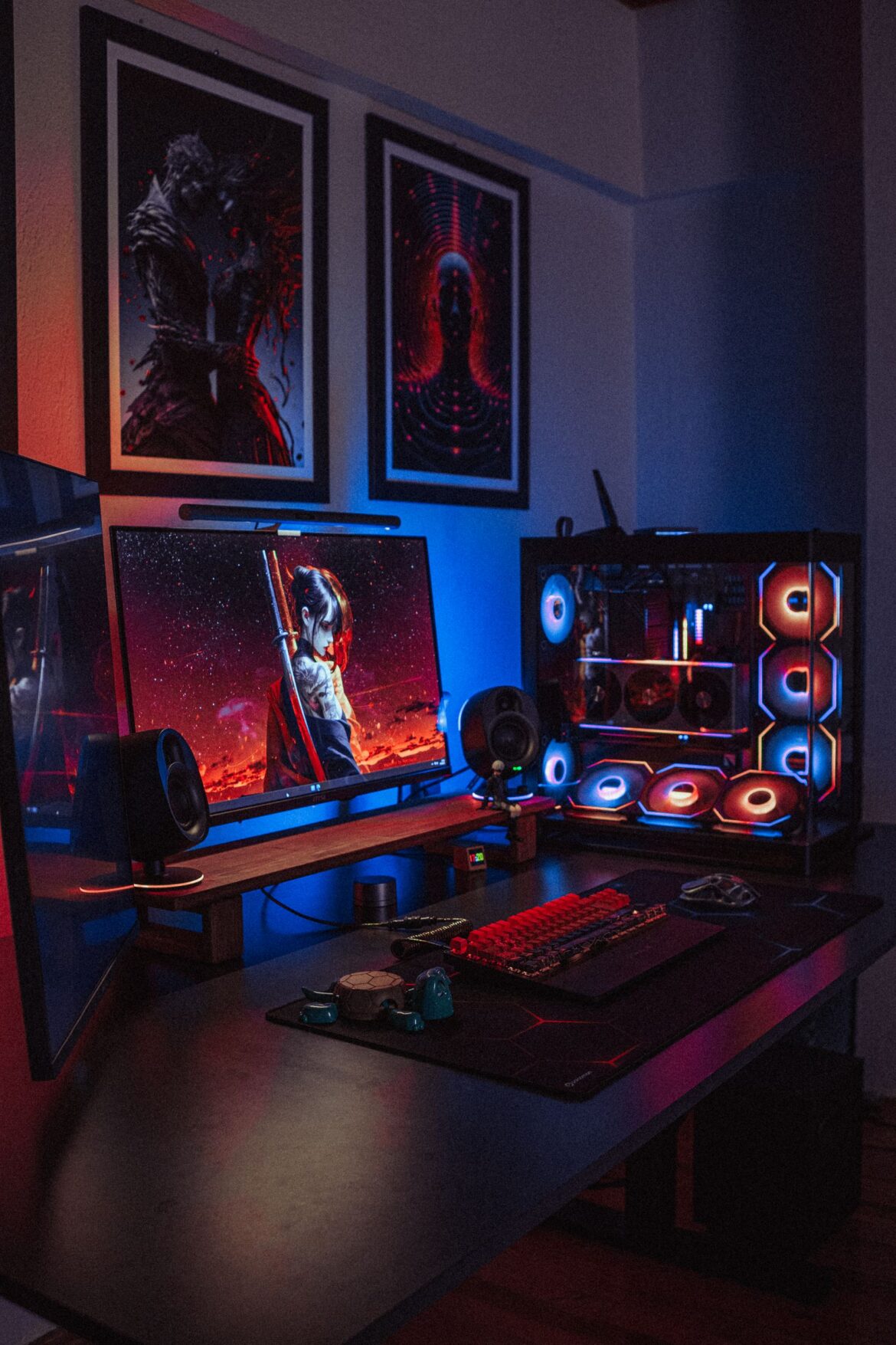 A gaming setup with dual monitors and PC