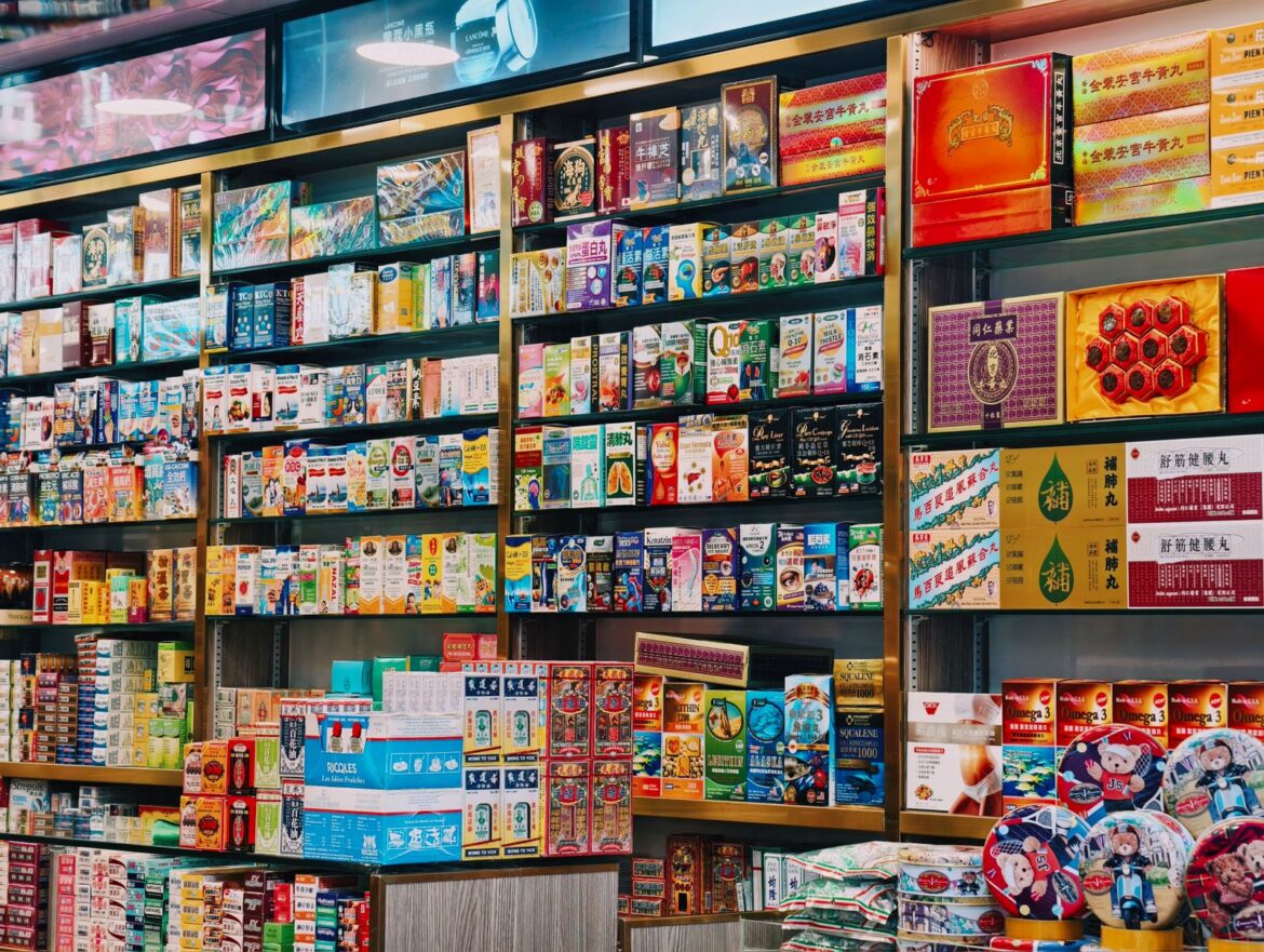 Vibrant supermarket shelves with products