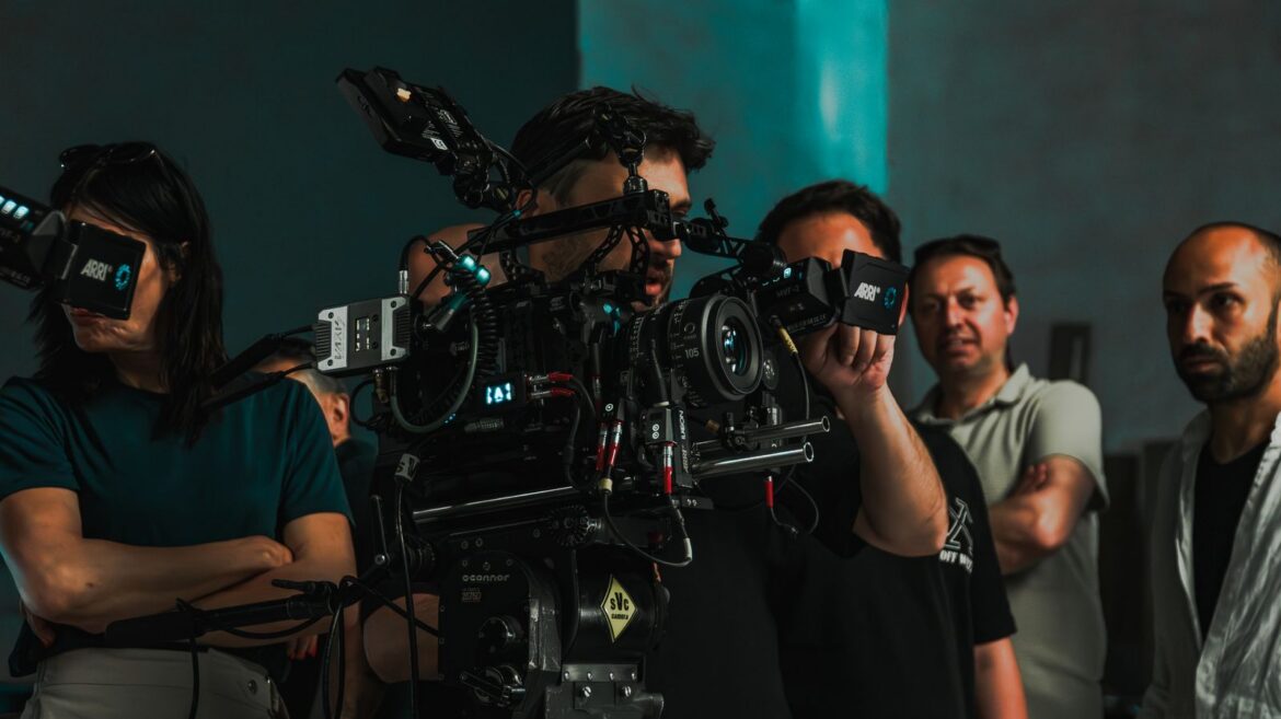 Professional film crew on movie set