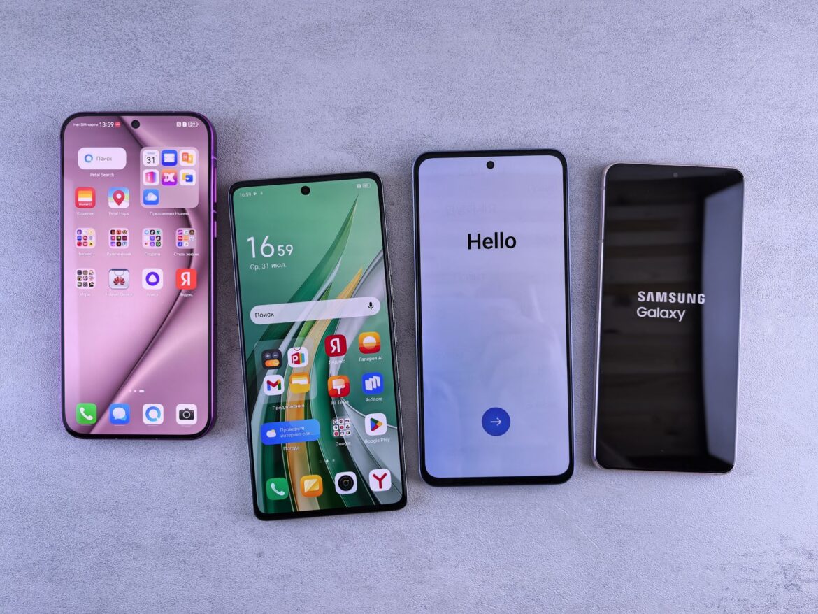 Multiple smartphones displaying different app screens