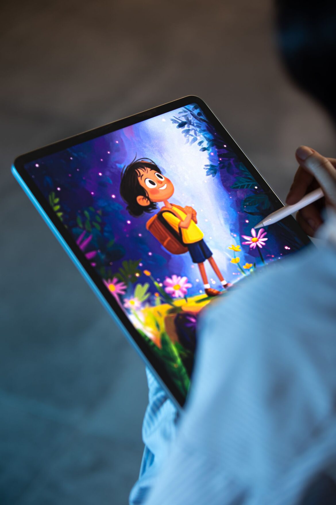 Digital character illustration being drawn on tablet, representing Korean anime studio production