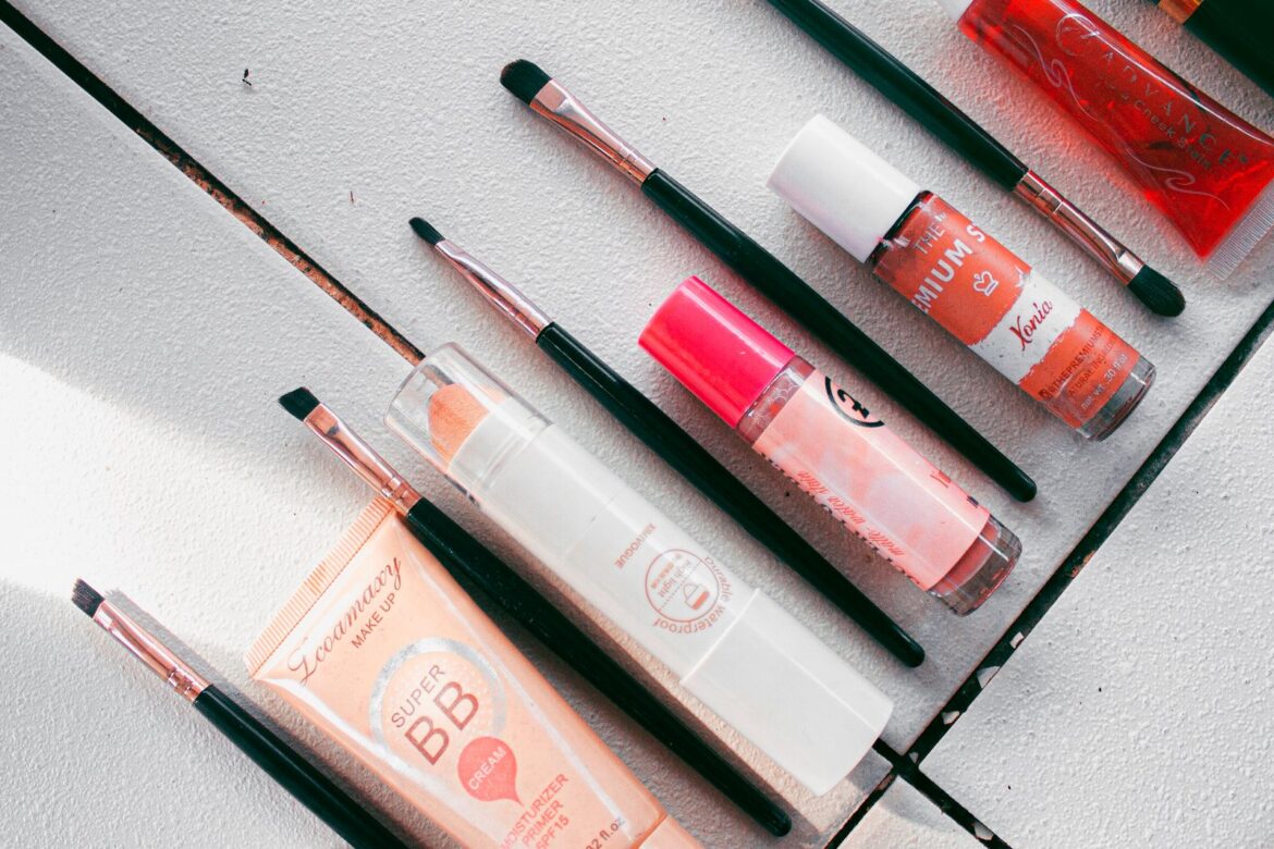 A flatlay of makeup cosmetics