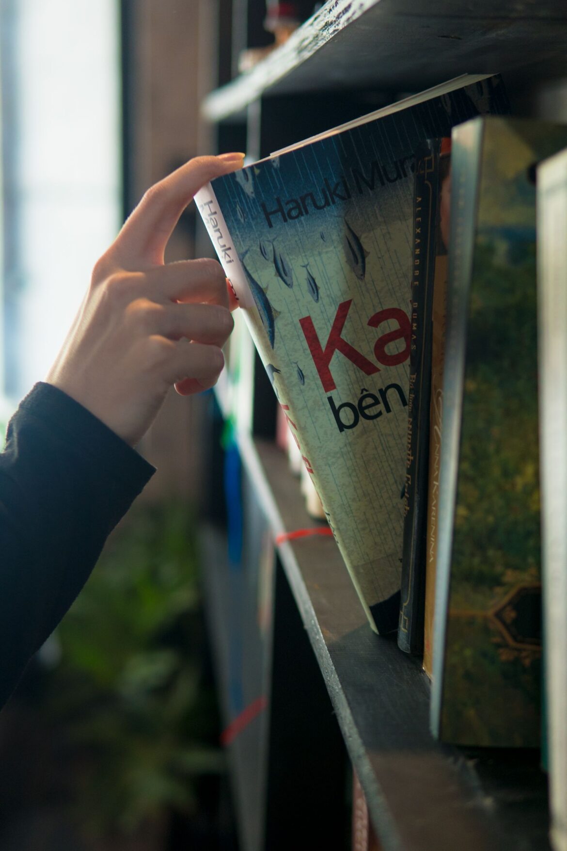 Person selecting a book from a shelf indoors