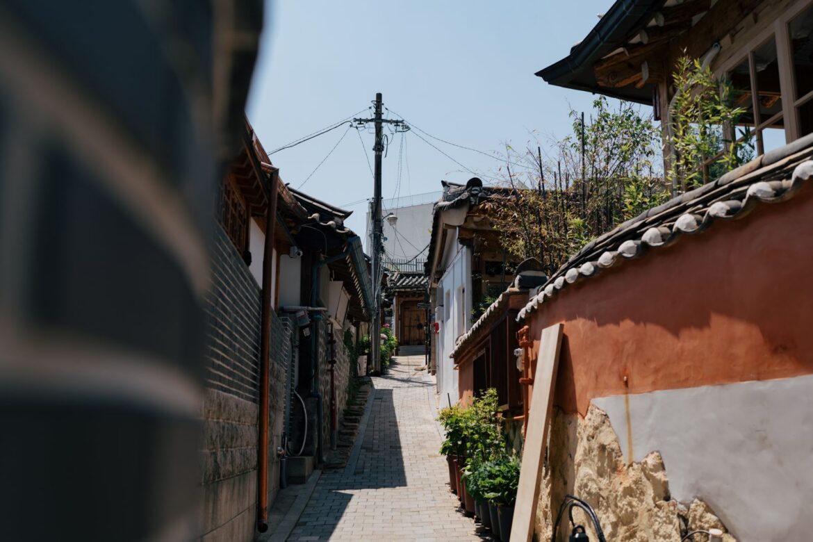 A traditional hanok village street in South Korea