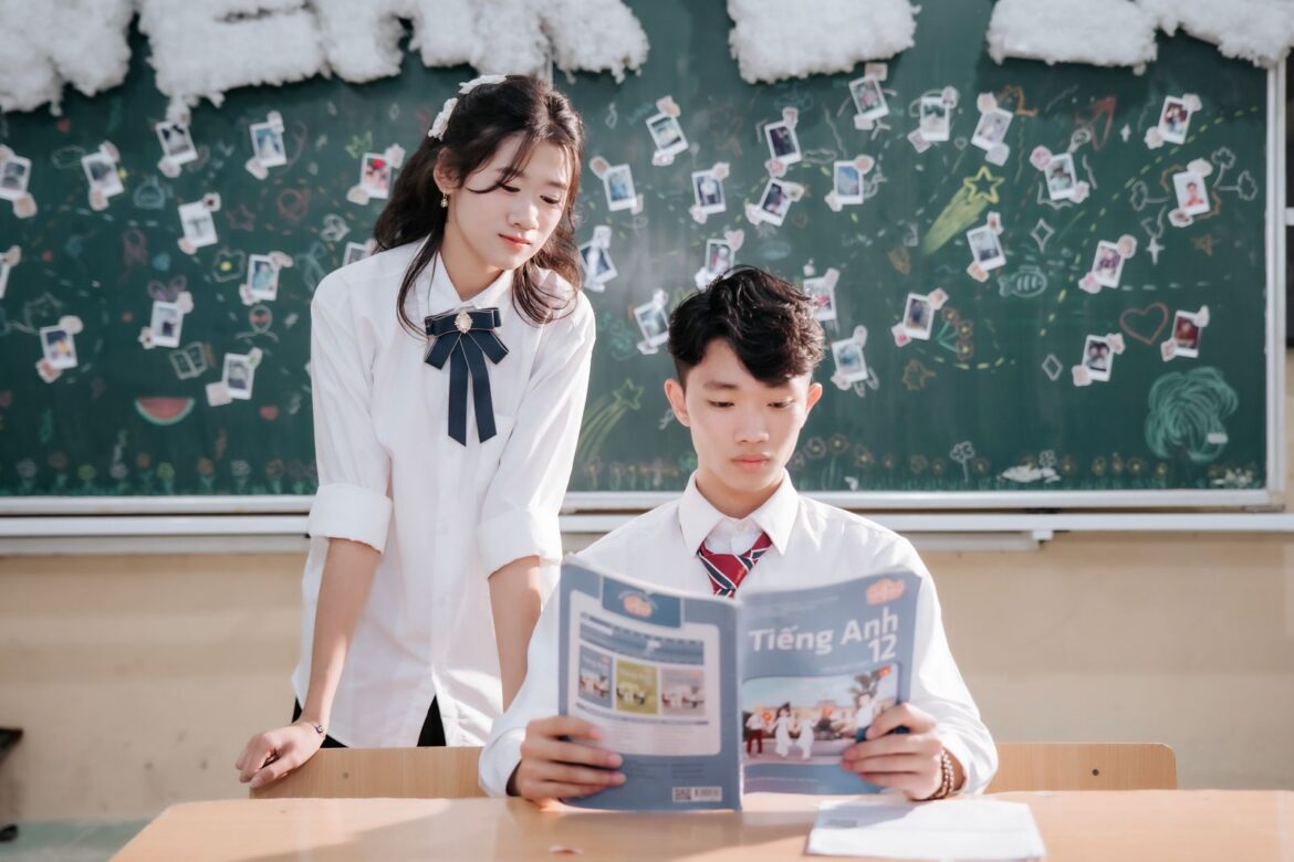 Students reading in a lively classroom