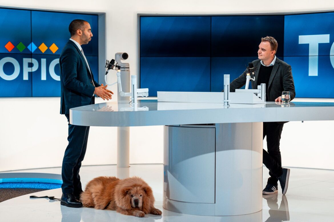 Talk show hosts in studio