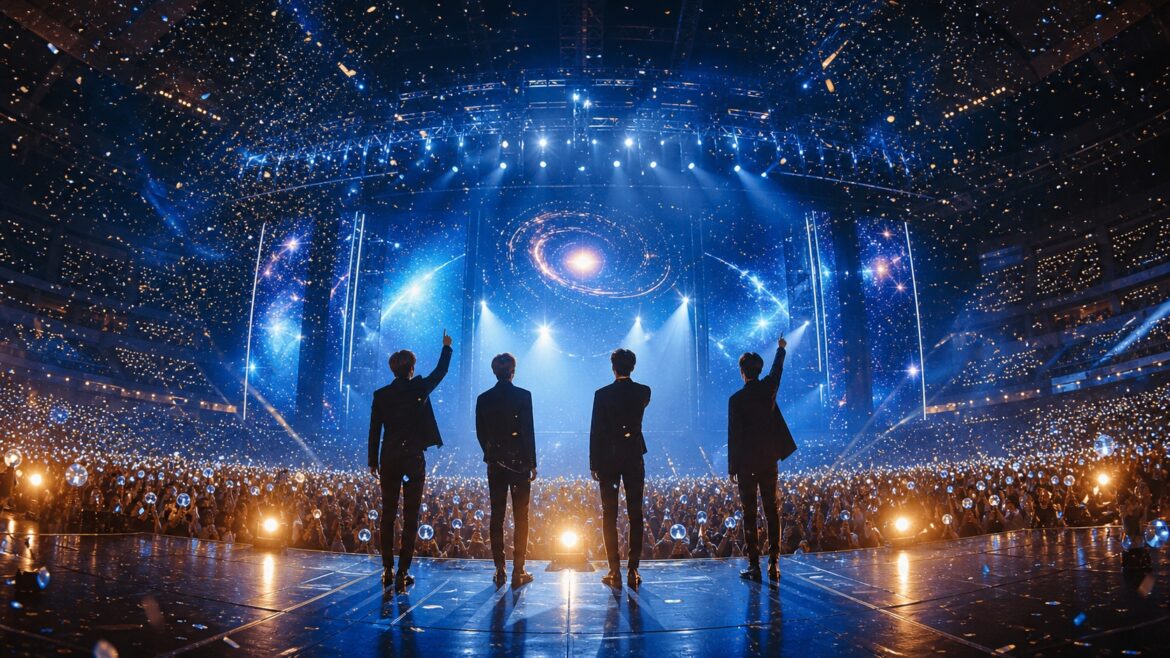 BIGBANG 20th anniversary concert scene with silhouetted performers on stage