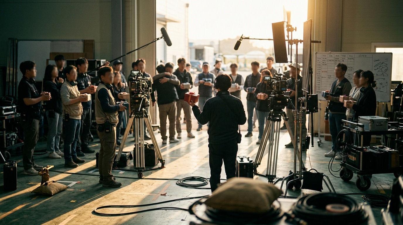 Korean drama production crew gathered on set after the final day of filming Boss Kim