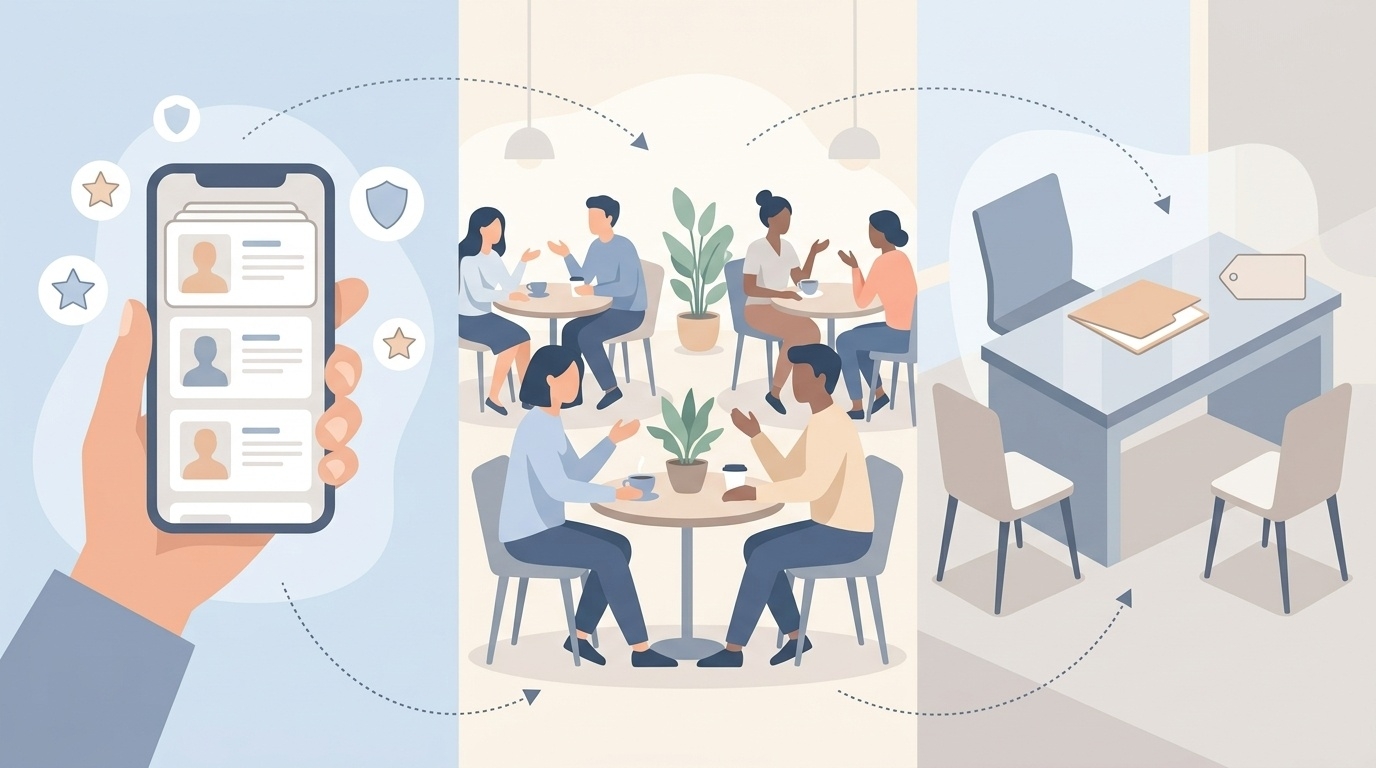 Conceptual illustration comparing dating apps, rotation meetups, and matchmaking companies