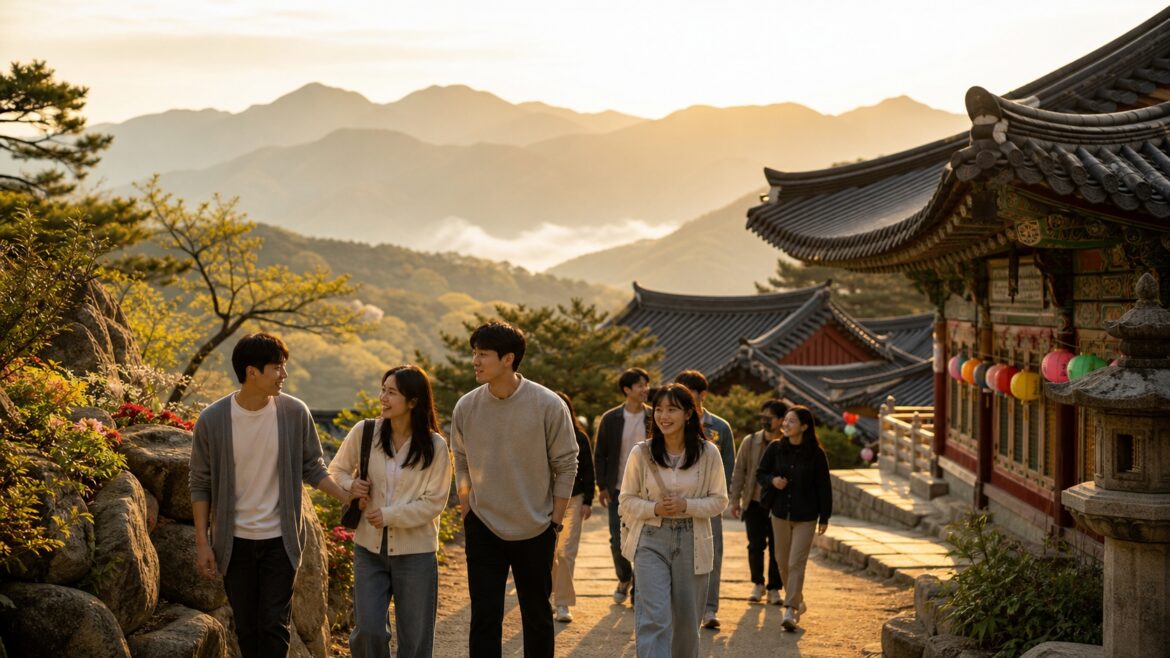 Young Koreans walking near Donghwasa Temple on Mount Palgong