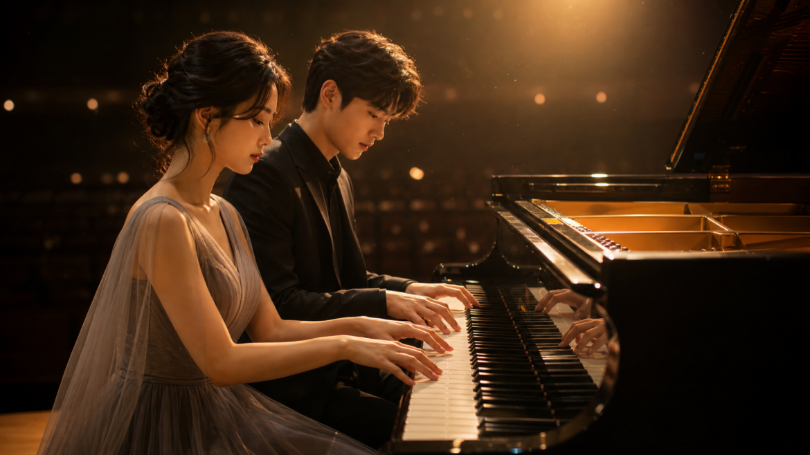 Two pianists at a grand piano