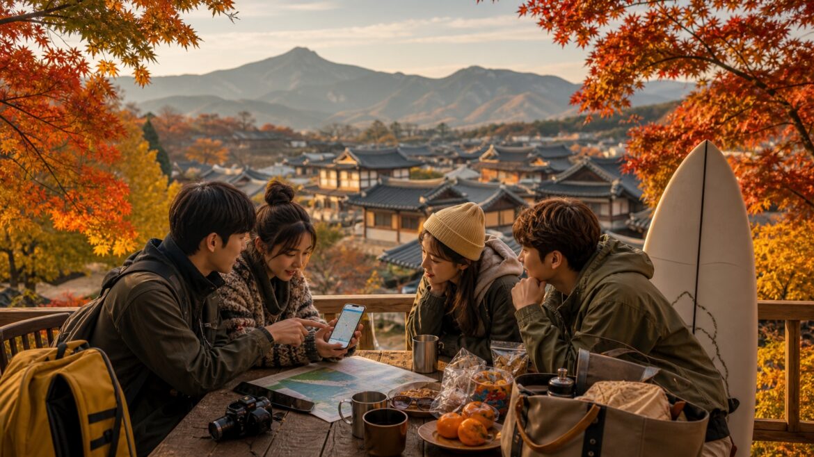 Gen Z traveler planning a fall getaway in Korea surrounded by autumn foliage
