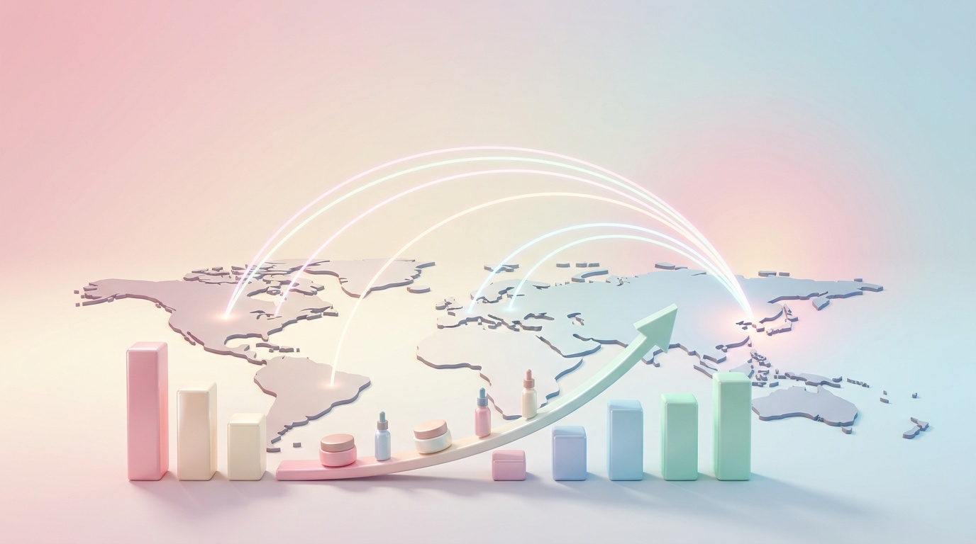 Conceptual illustration of Korean cosmetics export growth to global markets