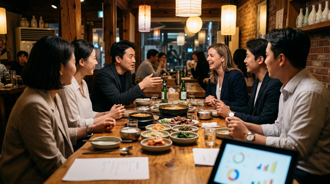 International business meeting discussing Korean restaurant franchise expansion