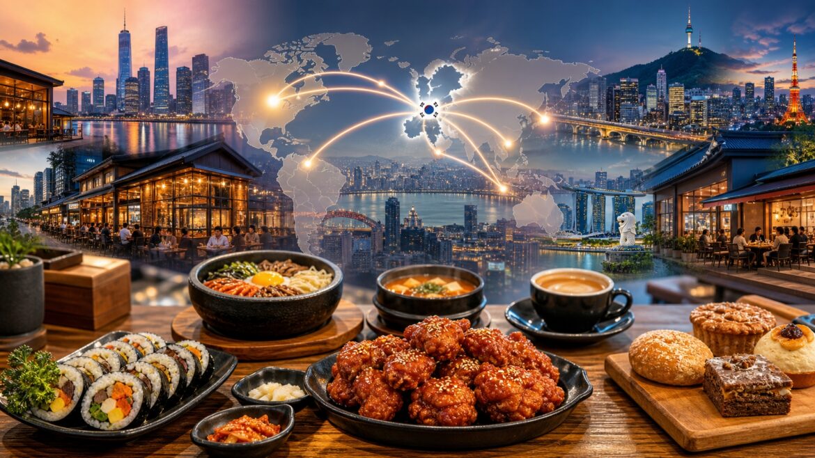 Korean restaurant dishes with a stylized world map representing global expansion