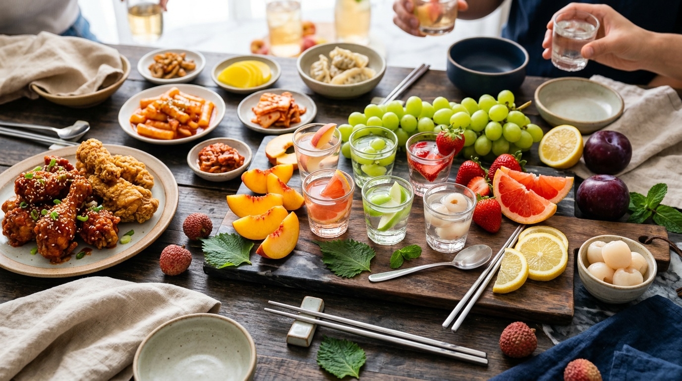 Fruit-flavored Korean soju flat lay