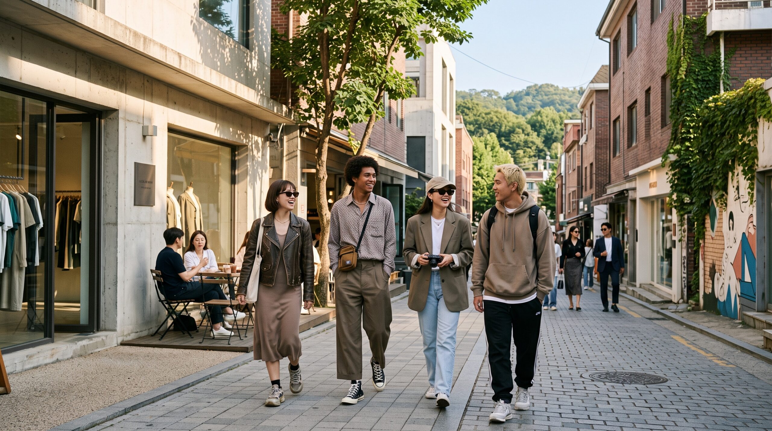 Shoppers walking through Hannam-dong retail street