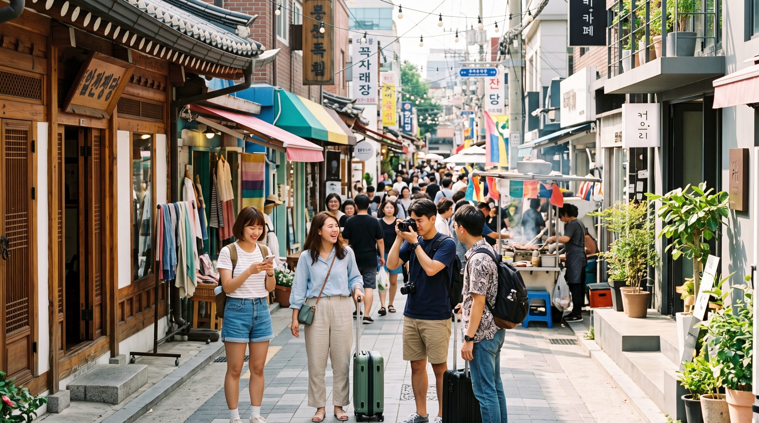Taiwanese travelers exploring a Korean neighborhood street