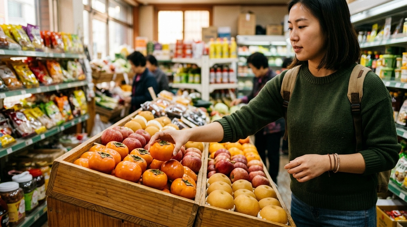 Traveler picking fresh seasonal fruit at a Korean grocery store during a mart attack outing