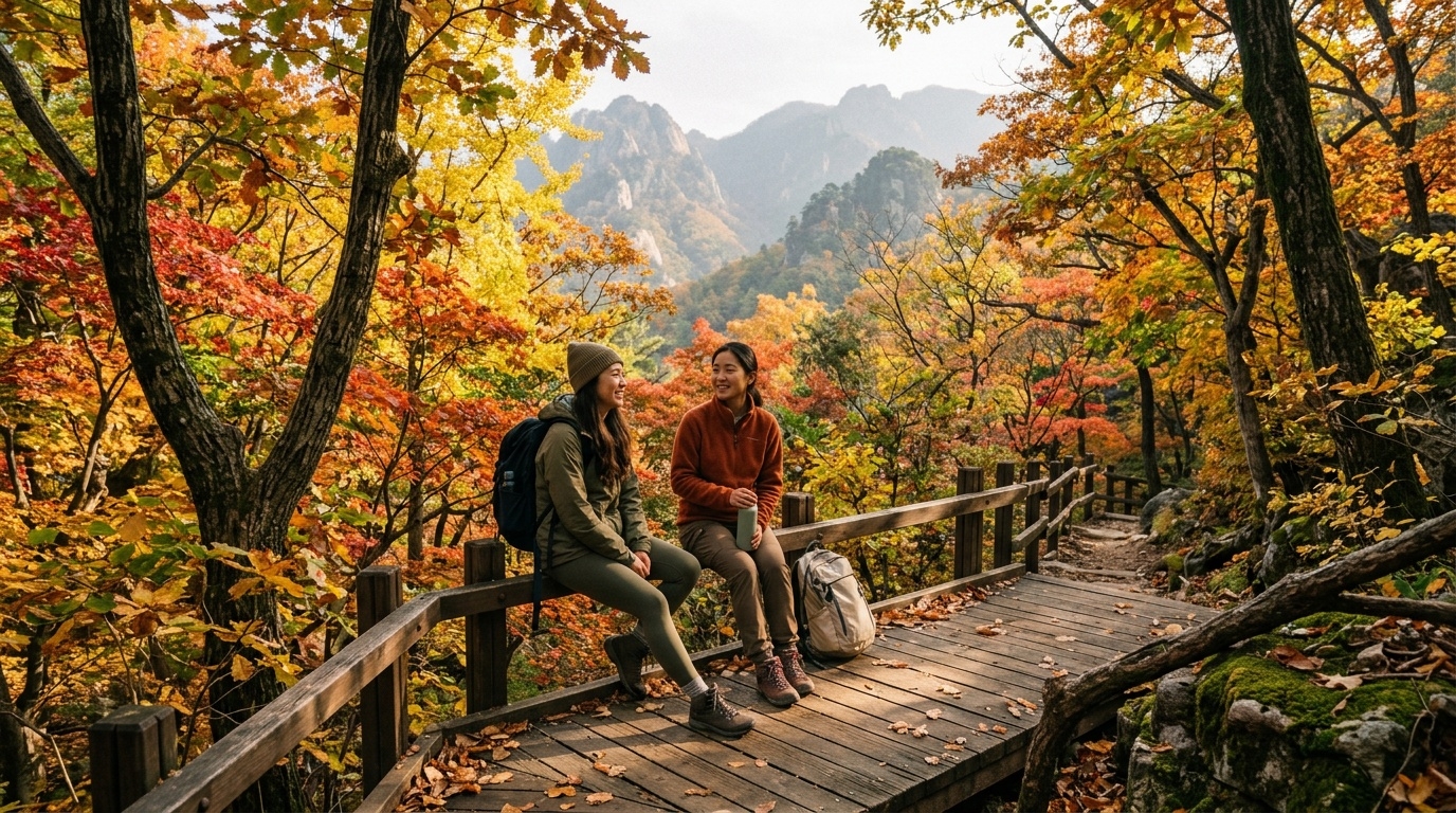 Travelers hiking a scenic mountain trail during a Korean playcation trip in autumn