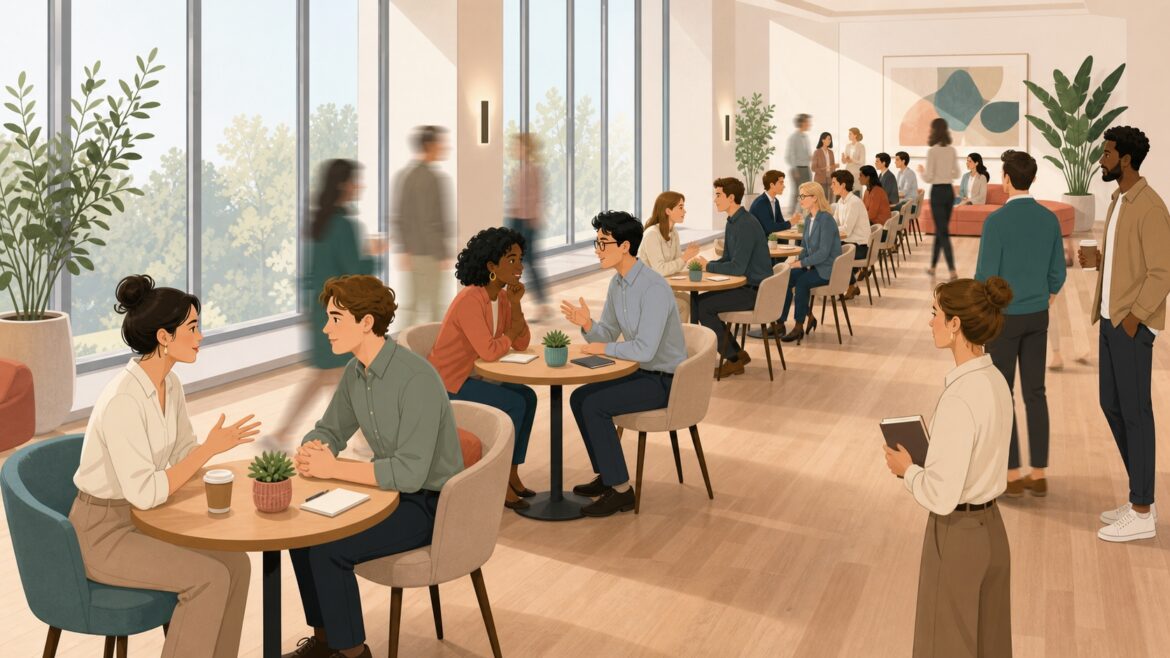 Rotation meetup lounge where participants rotate between tables for short conversations