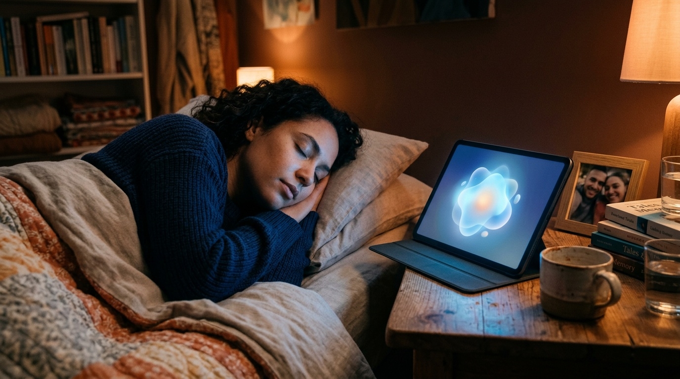 Late night scene with tablet AI companion glow