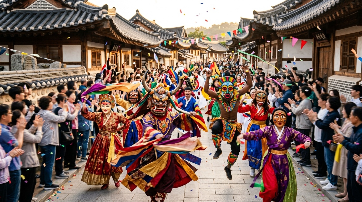 Global Mask Parade performers in colorful masks and costumes in downtown Andong