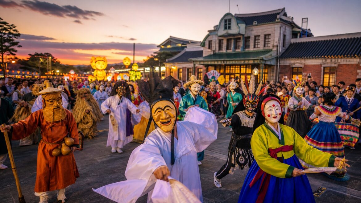 Performers in traditional Korean talchum masks at the Andong International Mask Dance Festival