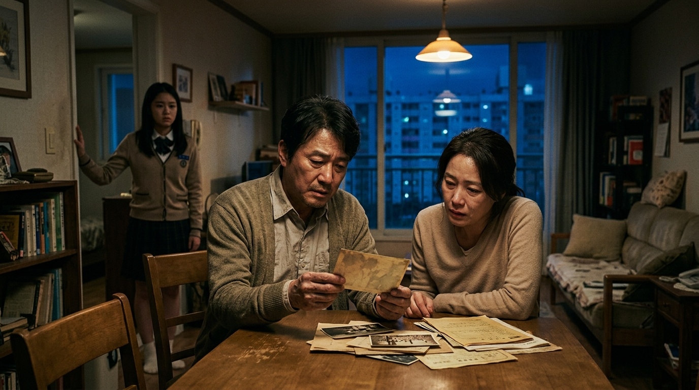 Korean family noir movie scene with estranged family members
