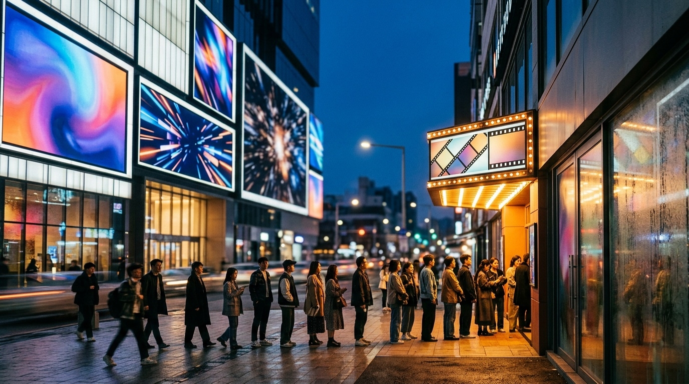 Cinema marquee with moviegoers queueing at night