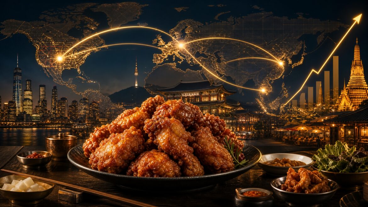 Korean fried chicken as a global investment asset, symbolizing Bonchon international expansion