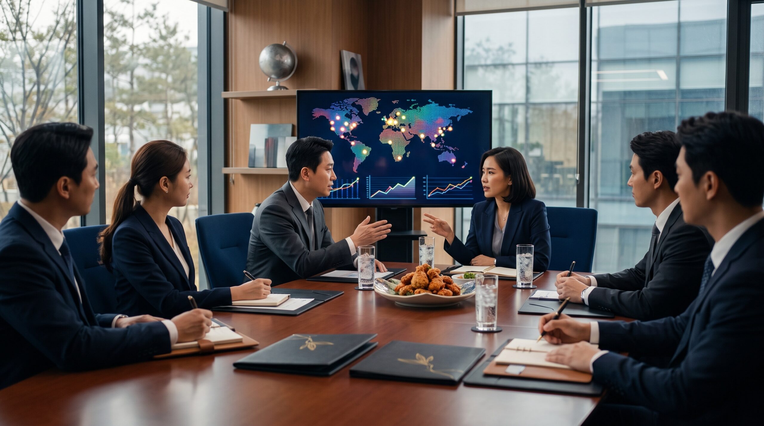 International business meeting discussing restaurant franchise acquisition