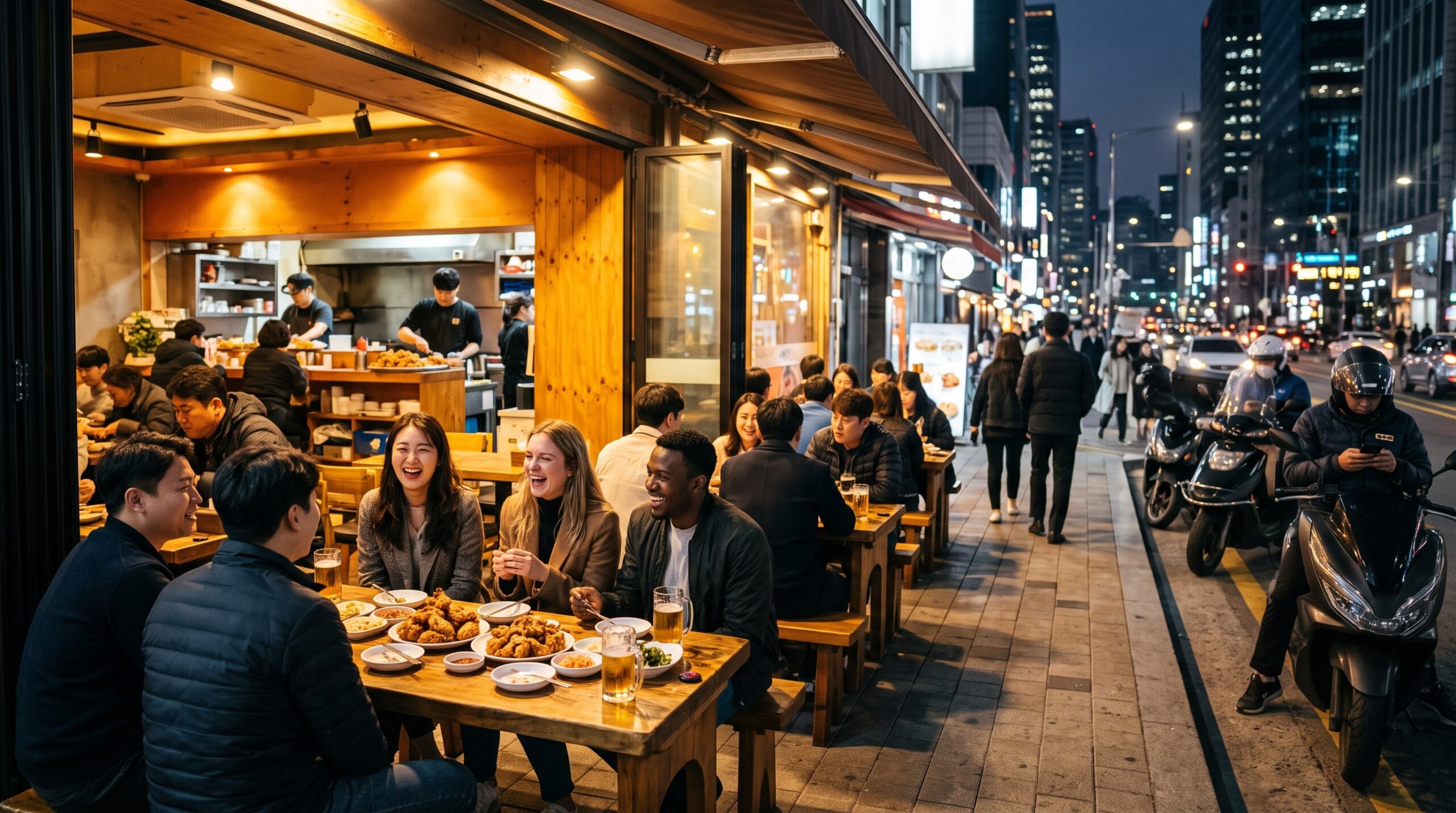 Bustling international Korean fried chicken restaurant scene