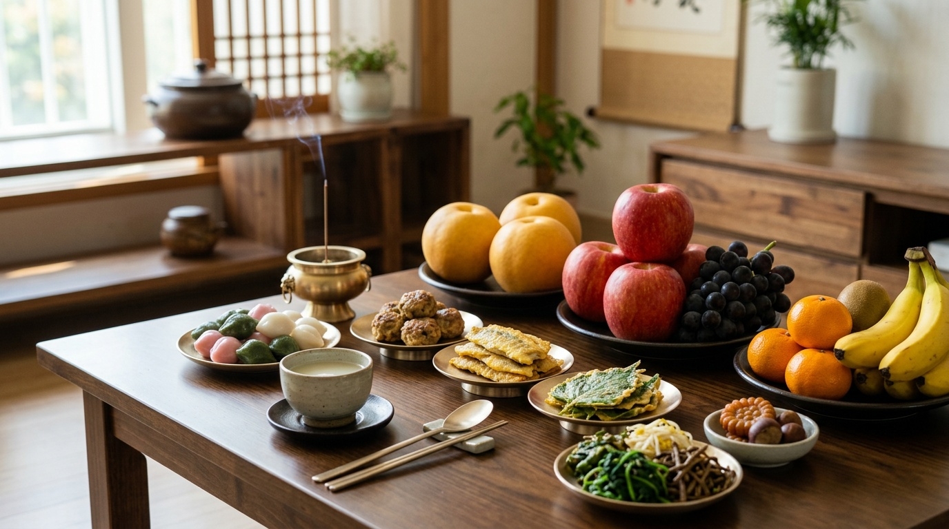Simplified Chuseok charye table with apples, pears, and imported fruits