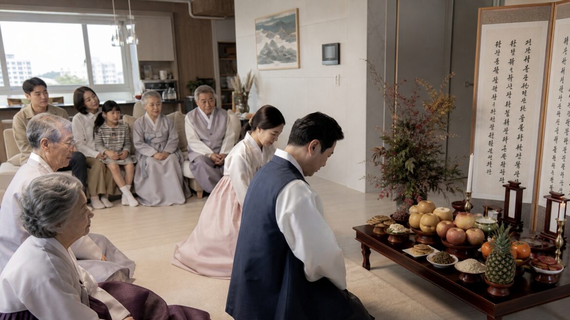 Korean family performing simplified Chuseok charye ancestral rite