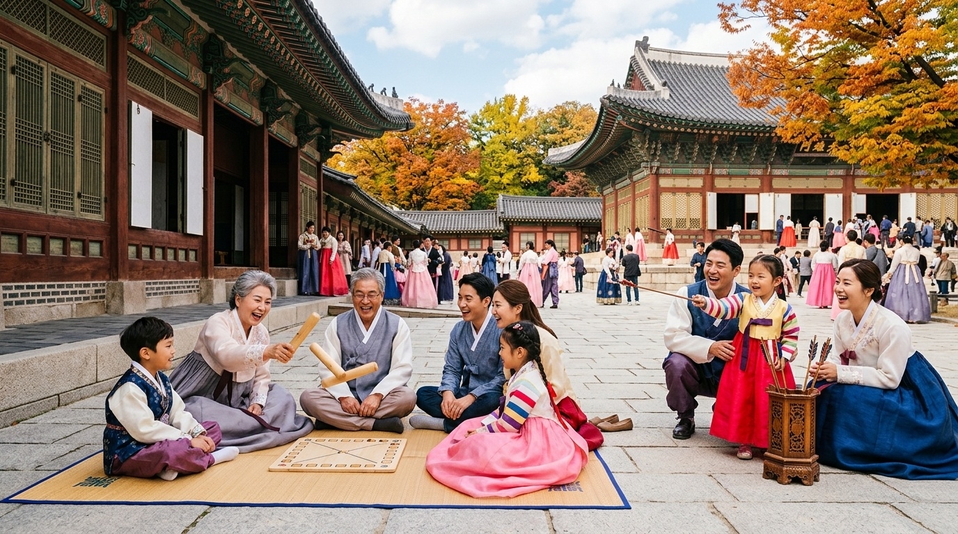 Visitors playing traditional Chuseok folk games at a palace