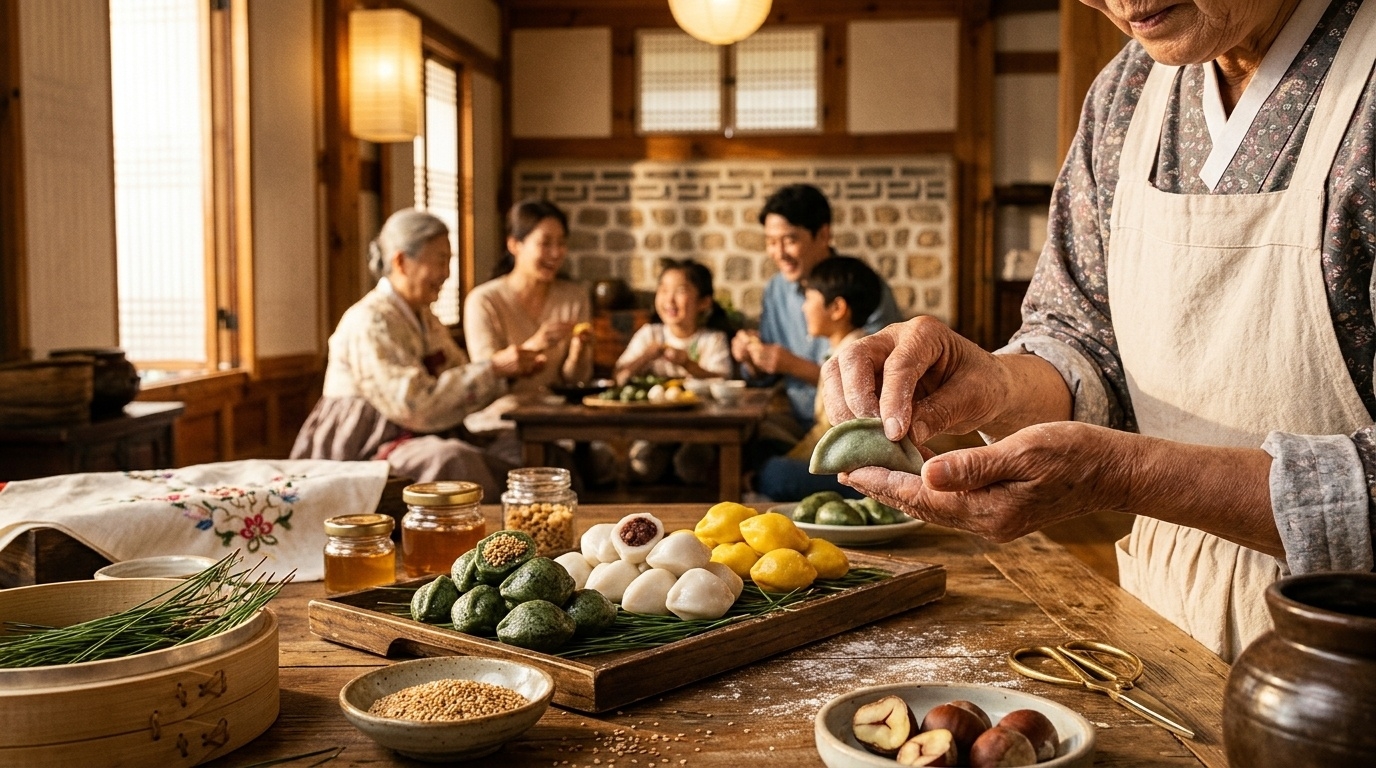 Making songpyeon rice cakes at a Korean folk museum for Chuseok