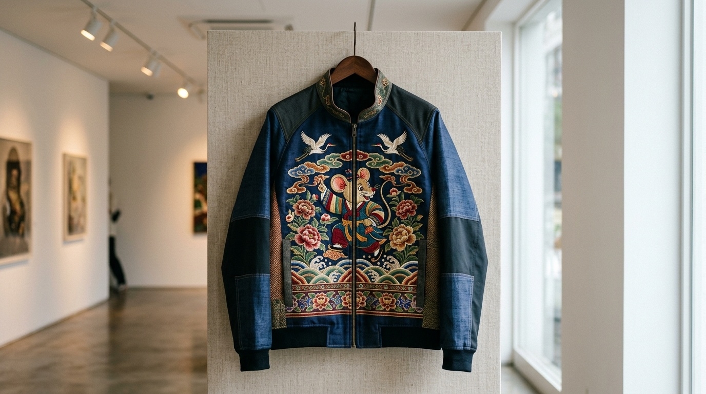 Close-up of a Korean fashion jacket with minhwa-inspired mouse motif