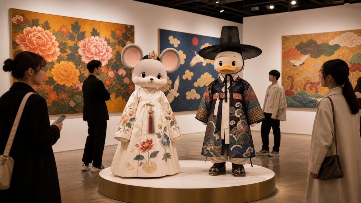 Mickey Mouse and Donald Duck reimagined in Korean minhwa folk art style