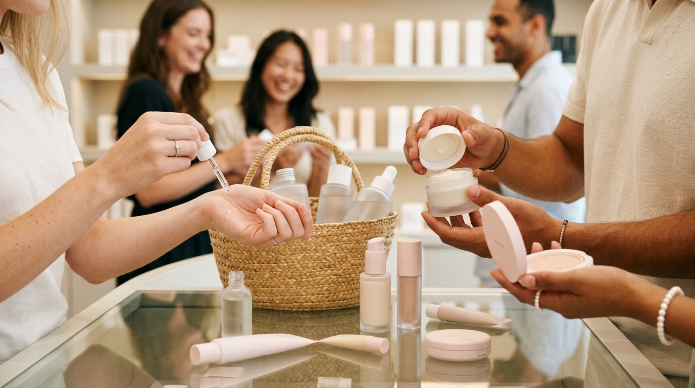 Tourists comparing Korean skincare products at a cosmetics counter