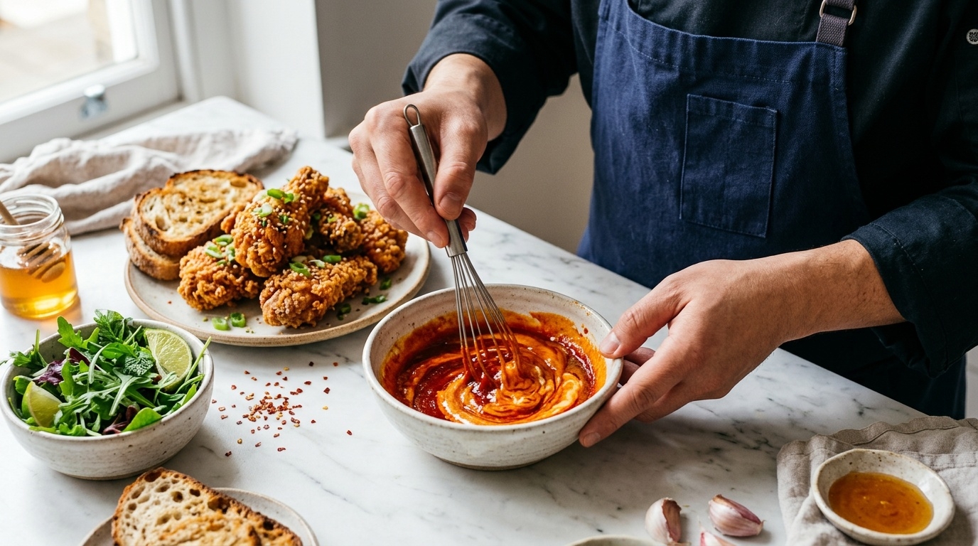 Chef blending gochujang with butter and mayonnaise
