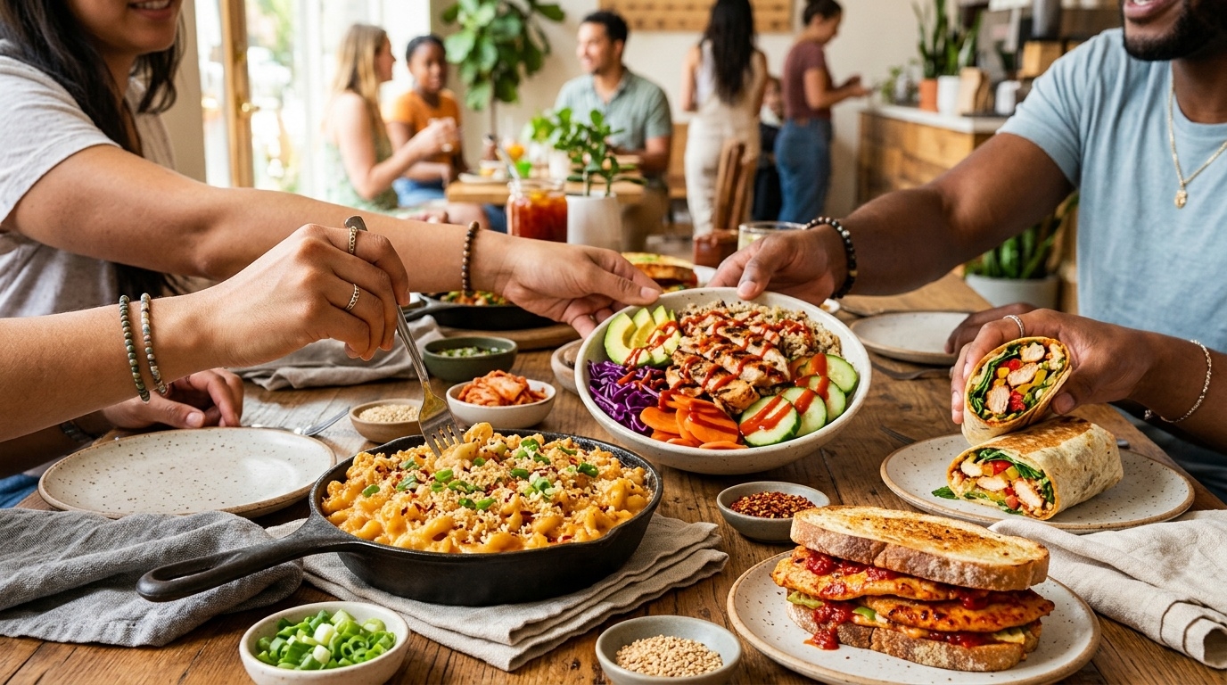 A global lunch spread with gochujang-inspired dishes
