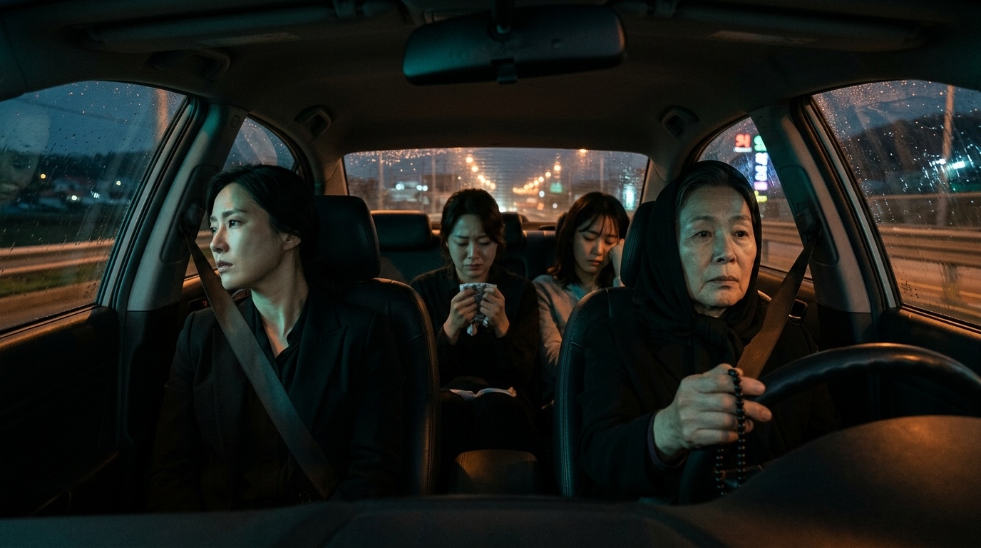 Four women riding in a car during a nighttime road trip through Korea