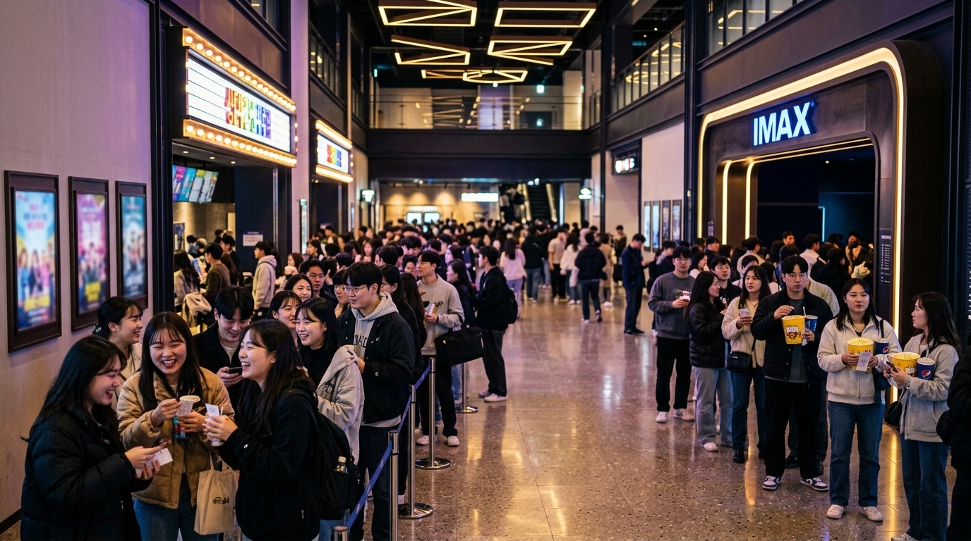 A crowded Korean movie theater lobby on a big release day