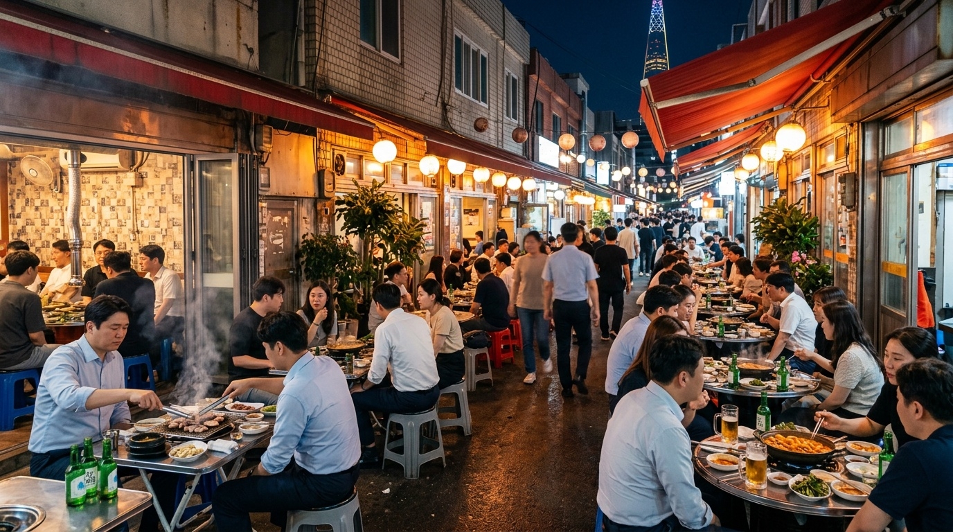Crowded Bangi-dong Food Alley at night