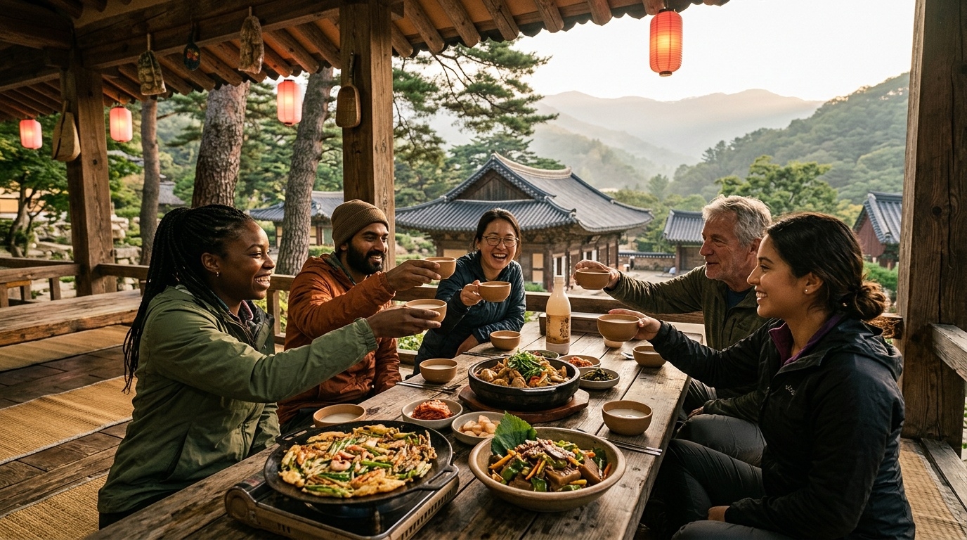 Hikers sharing a Korean meal near Jirisan