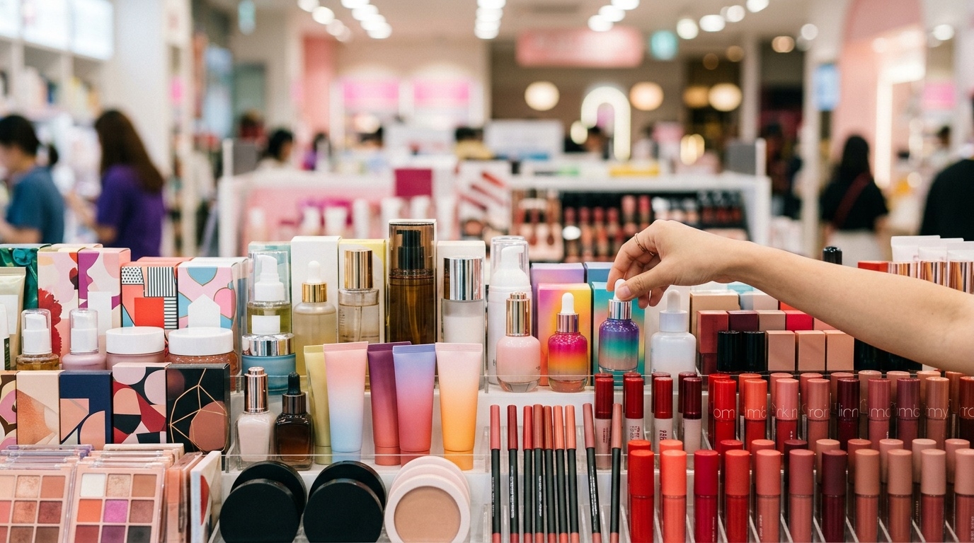 Korean beauty variety store shelves with skincare and makeup products